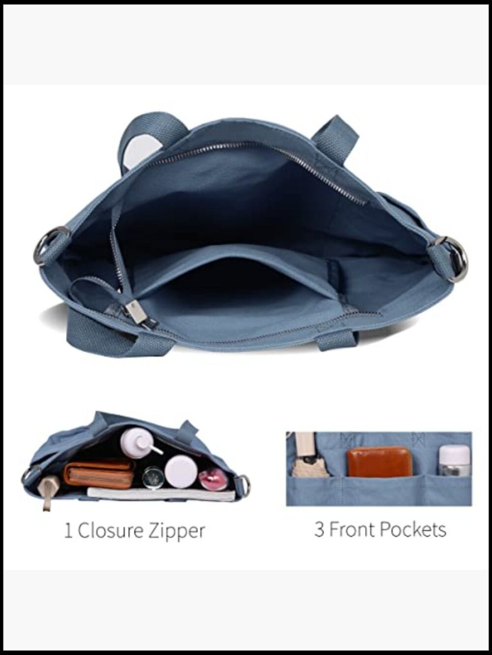 Canvas Tote Bag with Zipper Multi Pockets Crossbody Shoulder Handbag Everyday - Picture 6 of 7